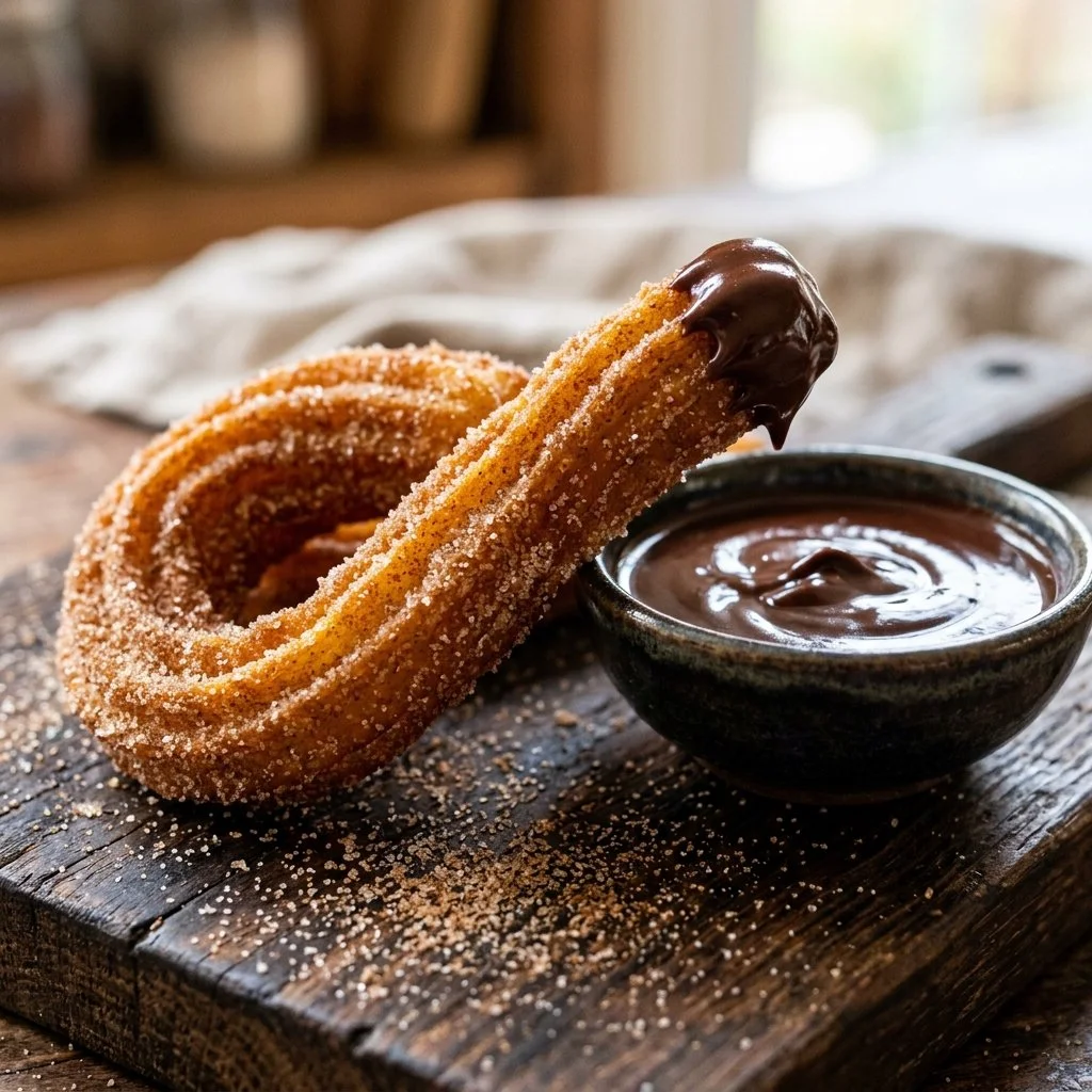Plate of fresh homemade churros dusted with sugar and ready to enjoy