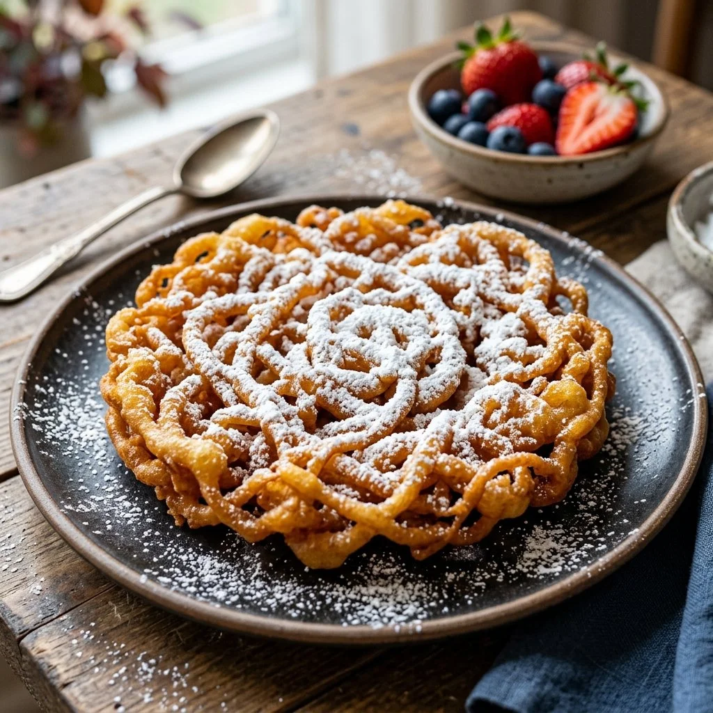 Delicious homemade funnel cake dusted with powdered sugar on a plate.