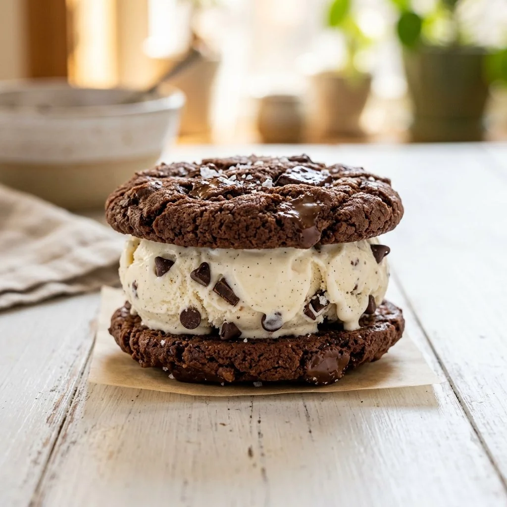 Delicious homemade ice cream sandwiches recipe with chocolate cookies and vanilla ice cream