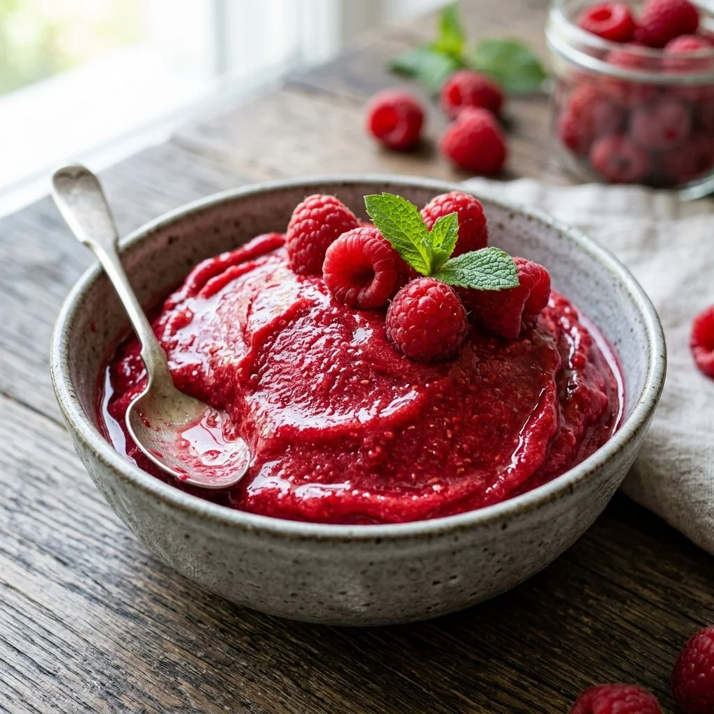Delicious homemade raspberry sorbet served in a bowl with fresh berries