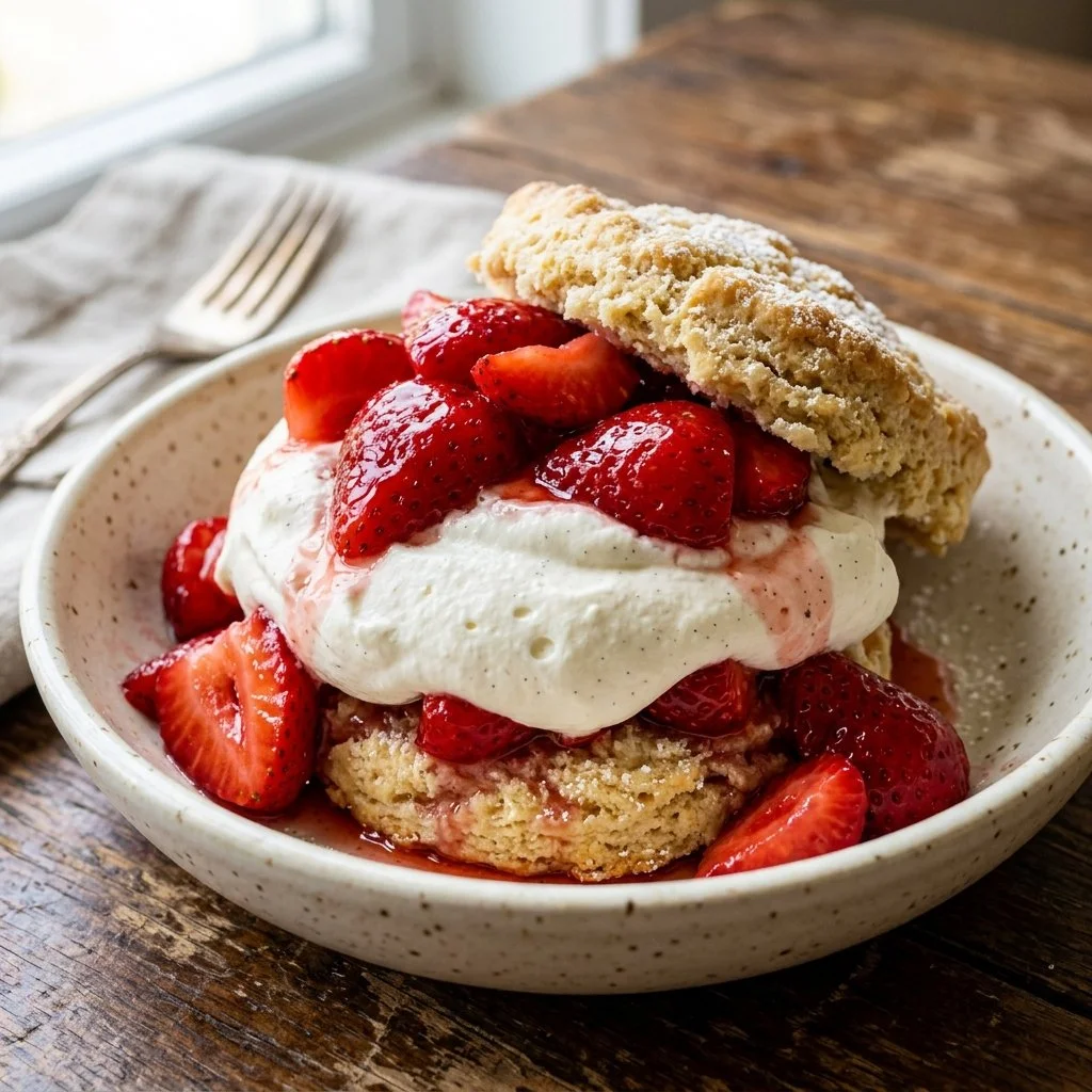 Delicious homemade strawberry shortcake topped with fresh strawberries and whipped cream