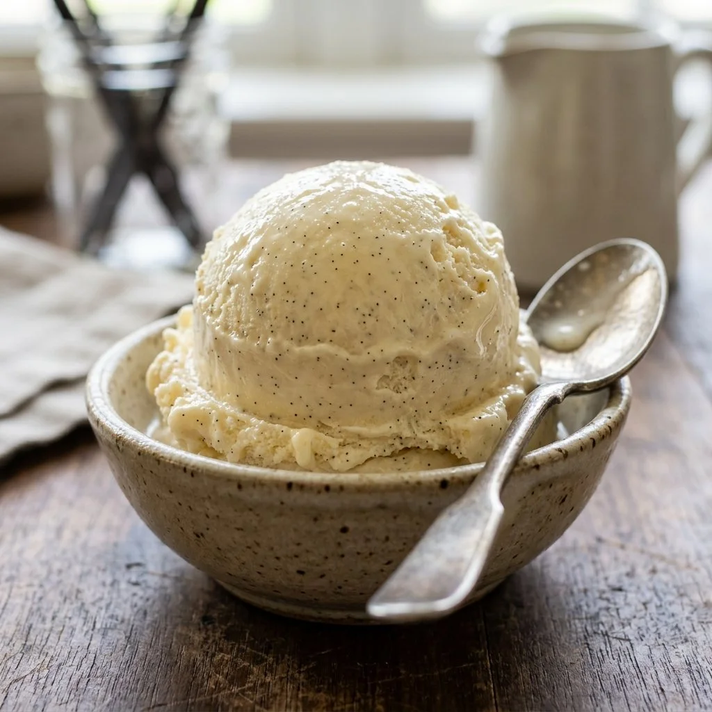 Bowl of creamy homemade vanilla ice cream topped with chocolate sprinkles