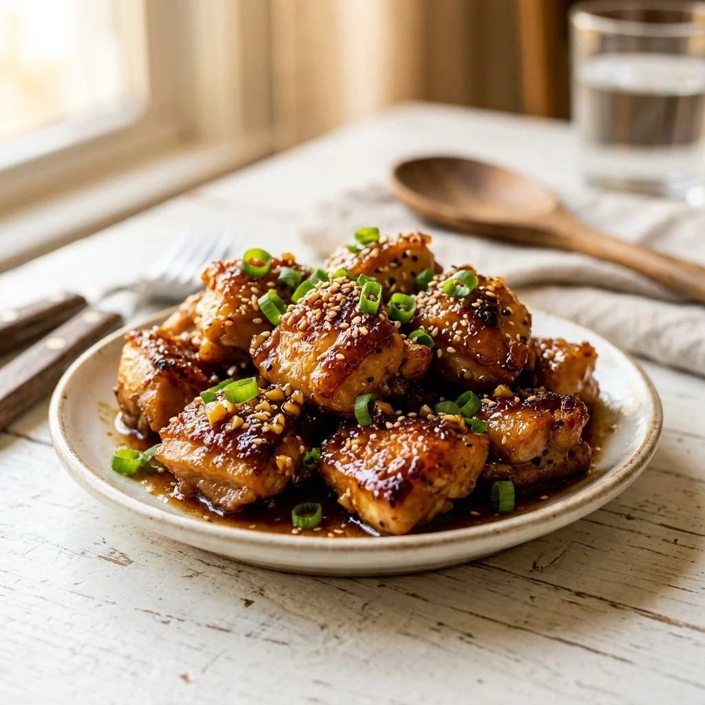 Delicious honey garlic chicken dish served with vibrant vegetables.