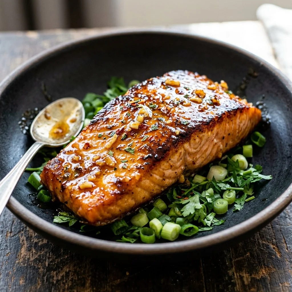 Delicious honey garlic salmon dish with herbs and spices served on a plate.