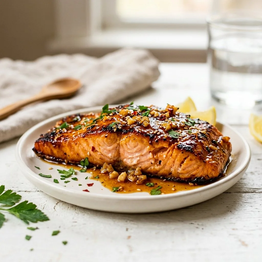 Plate of Honey Garlic Salmon garnished with herbs and served with vegetables