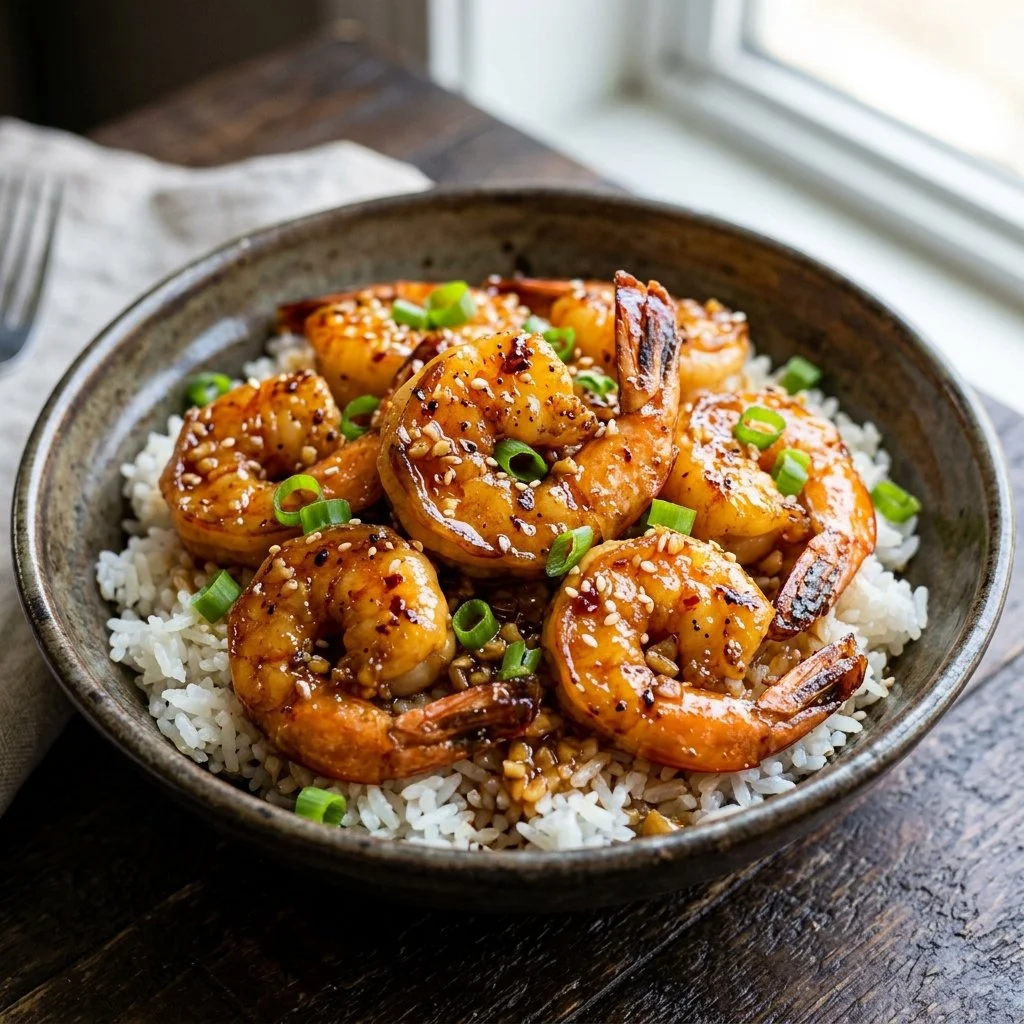 Delicious plate of honey garlic shrimp garnished with green onions and sesame seeds.