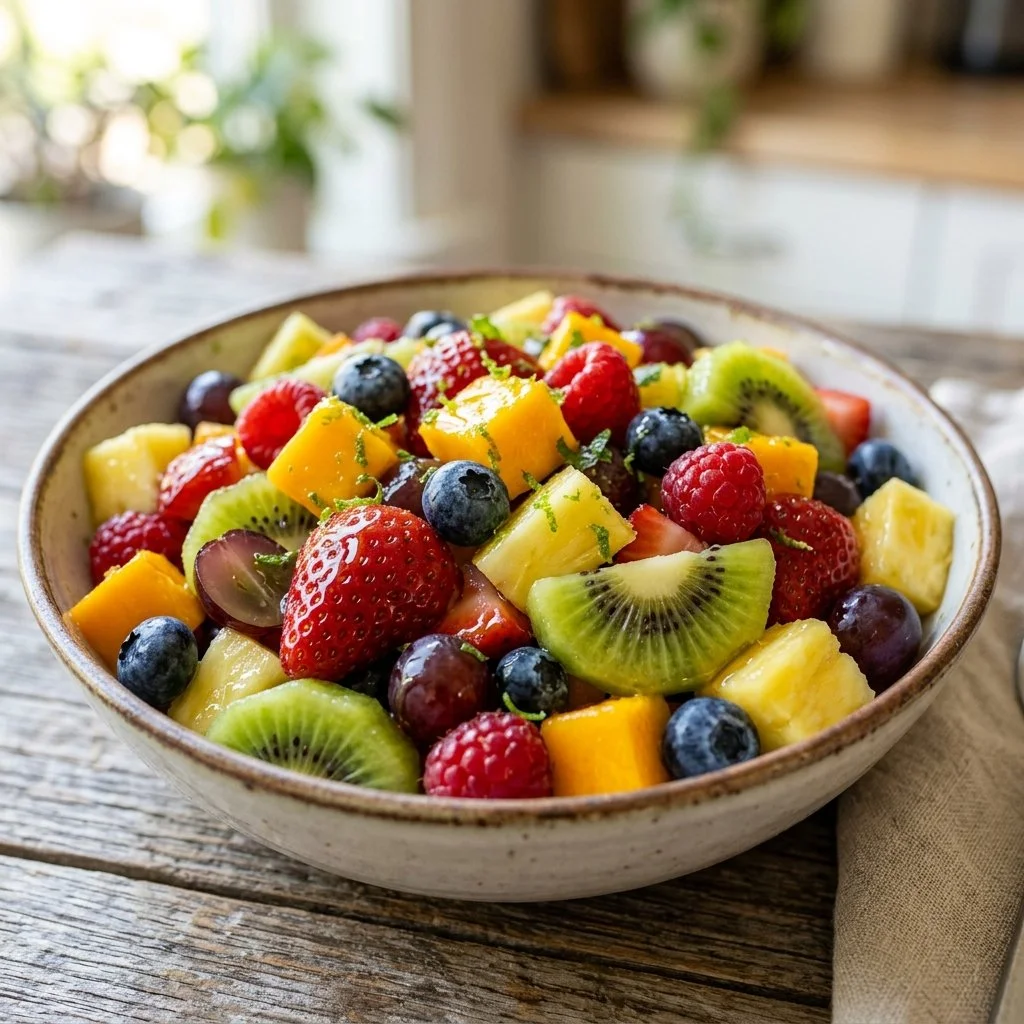 Delicious Honey Lime Fruit Salad with colorful mixed fruits