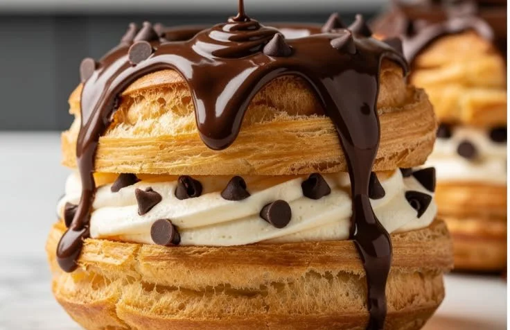 Delicious cream puff-filled donuts topped with powdered sugar on a plate