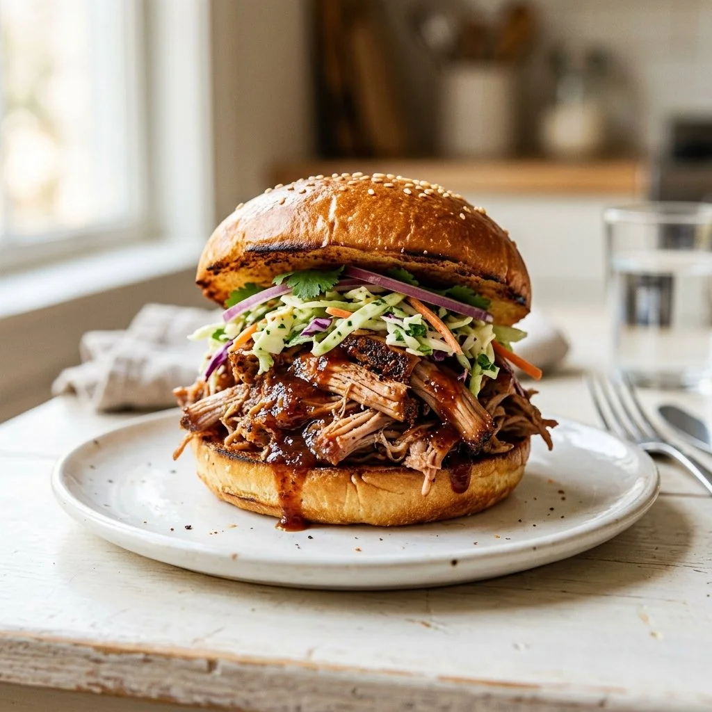 Delicious pulled pork sandwich with coleslaw and BBQ sauce