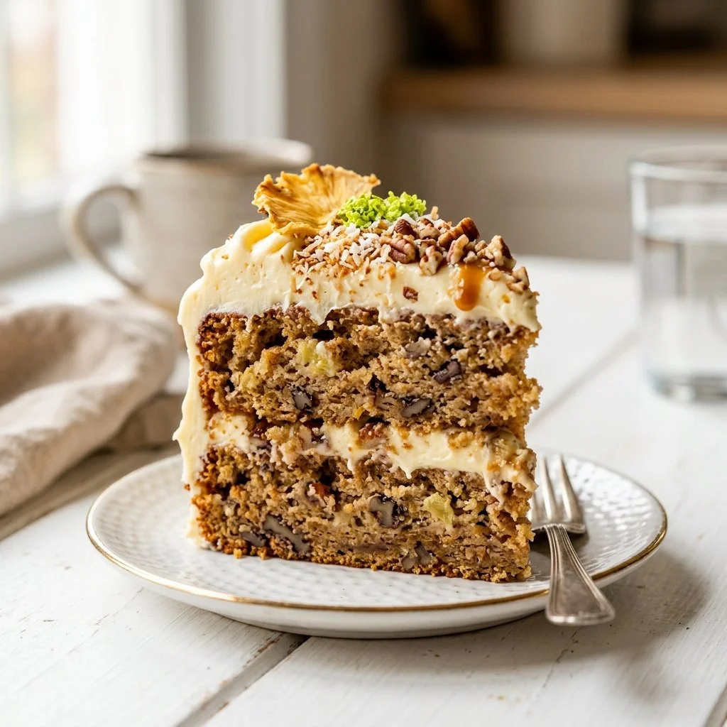 Slice of homemade Hummingbird Cake topped with cream cheese frosting