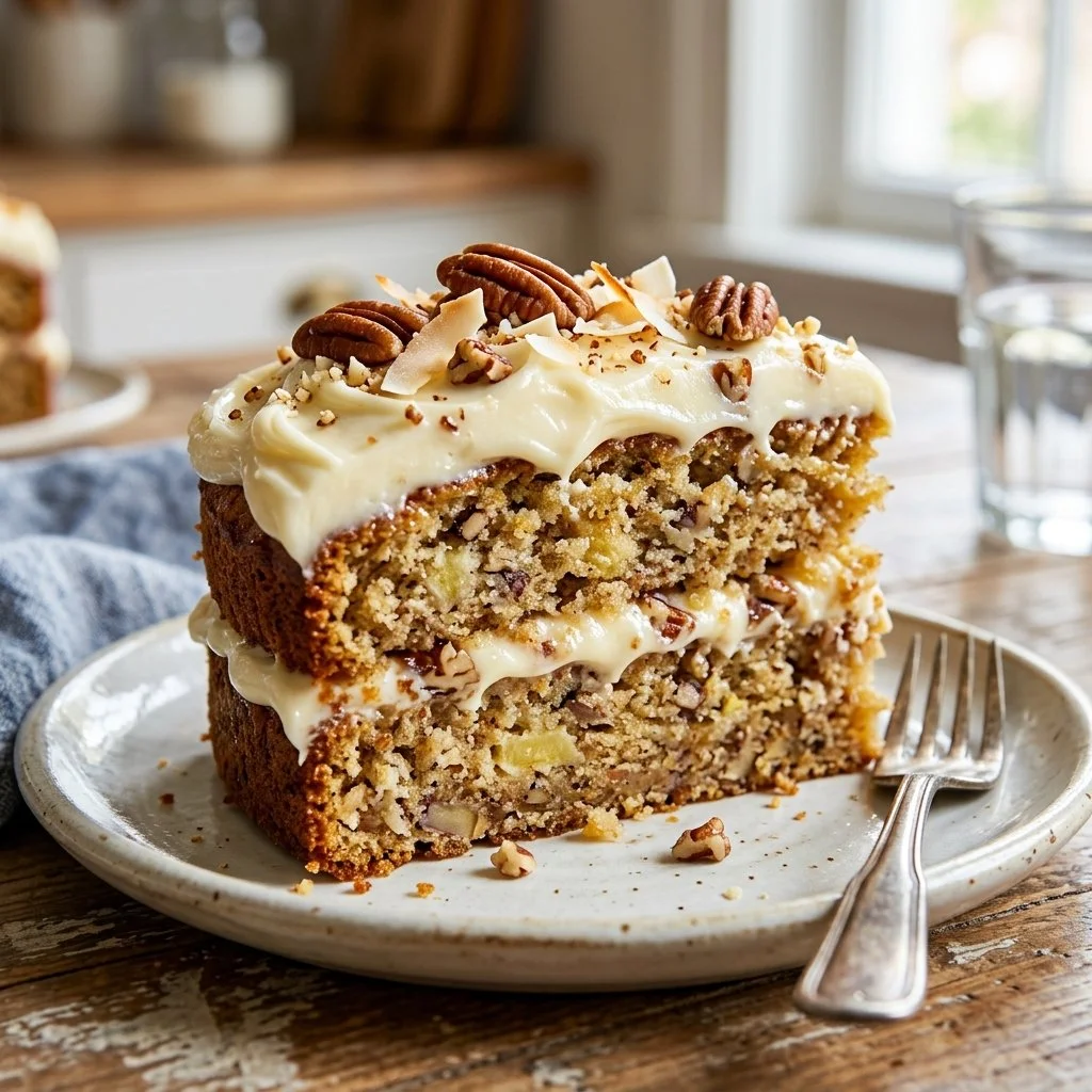 A slice of moist Hummingbird Cake topped with cream cheese frosting and garnished with pecans.