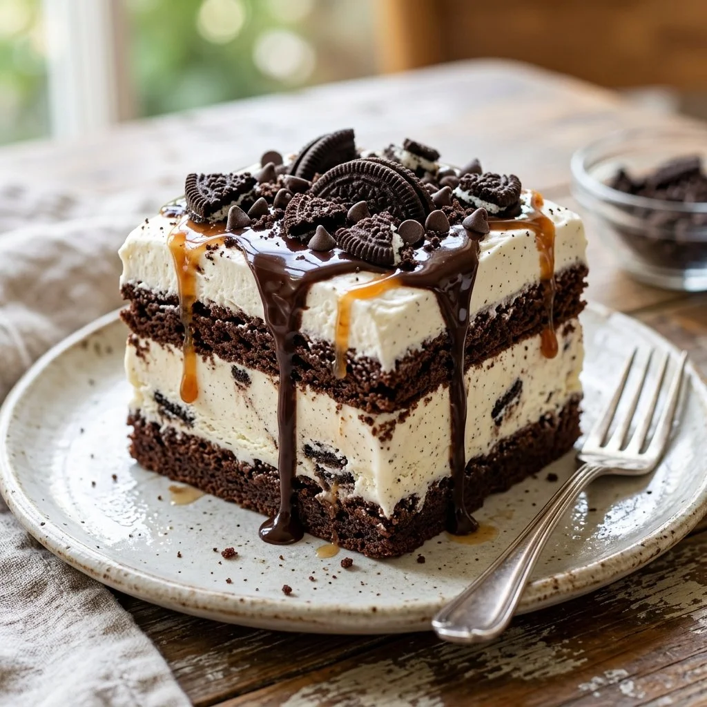Decadent Ice Cream Sandwich Cake topped with chocolate and sprinkles