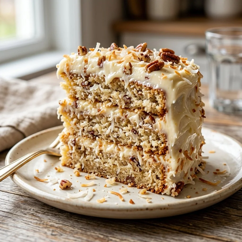 Delicious Italian Cream Cake with cream frosting and nuts.