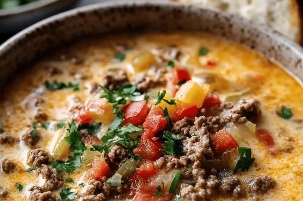 Delicious Keto Beef Cheeseburger Soup in a bowl, topped with cheese and herbs.