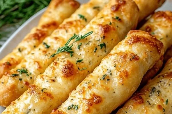 Keto Garlic Butter Breadsticks served on a wooden board with herbs