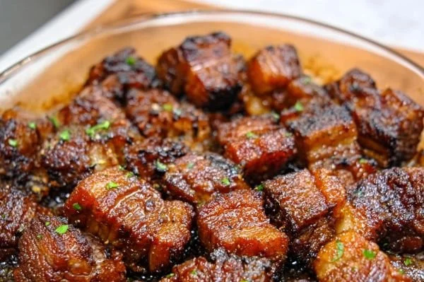 Keto Pork Belly Burnt Ends on a serving plate garnished with herbs