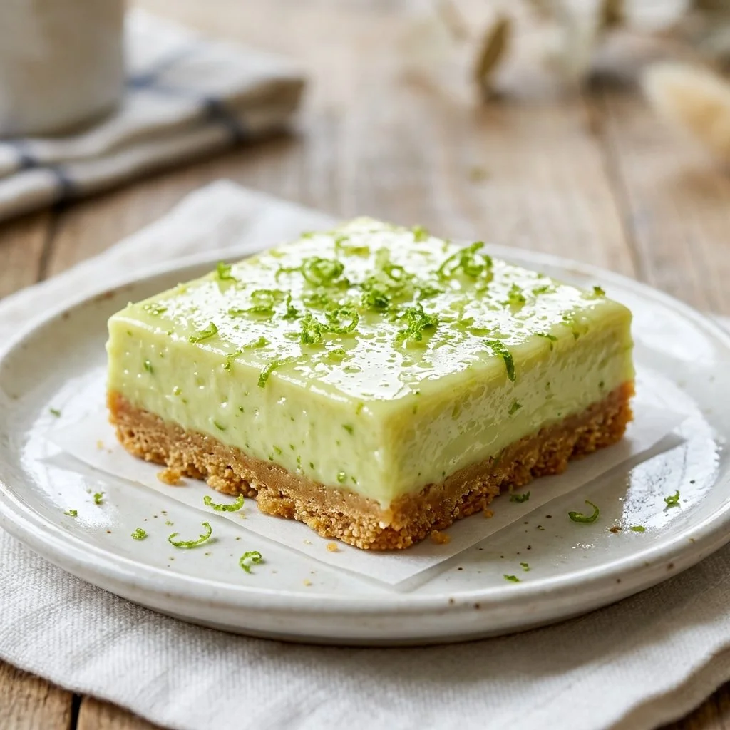Delicious homemade key lime bars on a plate with fresh lime slices