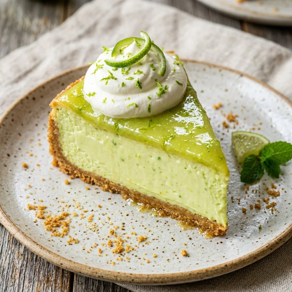 Delicious Key Lime Cheesecake topped with whipped cream and lime zest