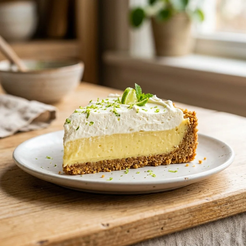 Delicious slice of Key Lime Pie with a graham cracker crust and lime garnish.