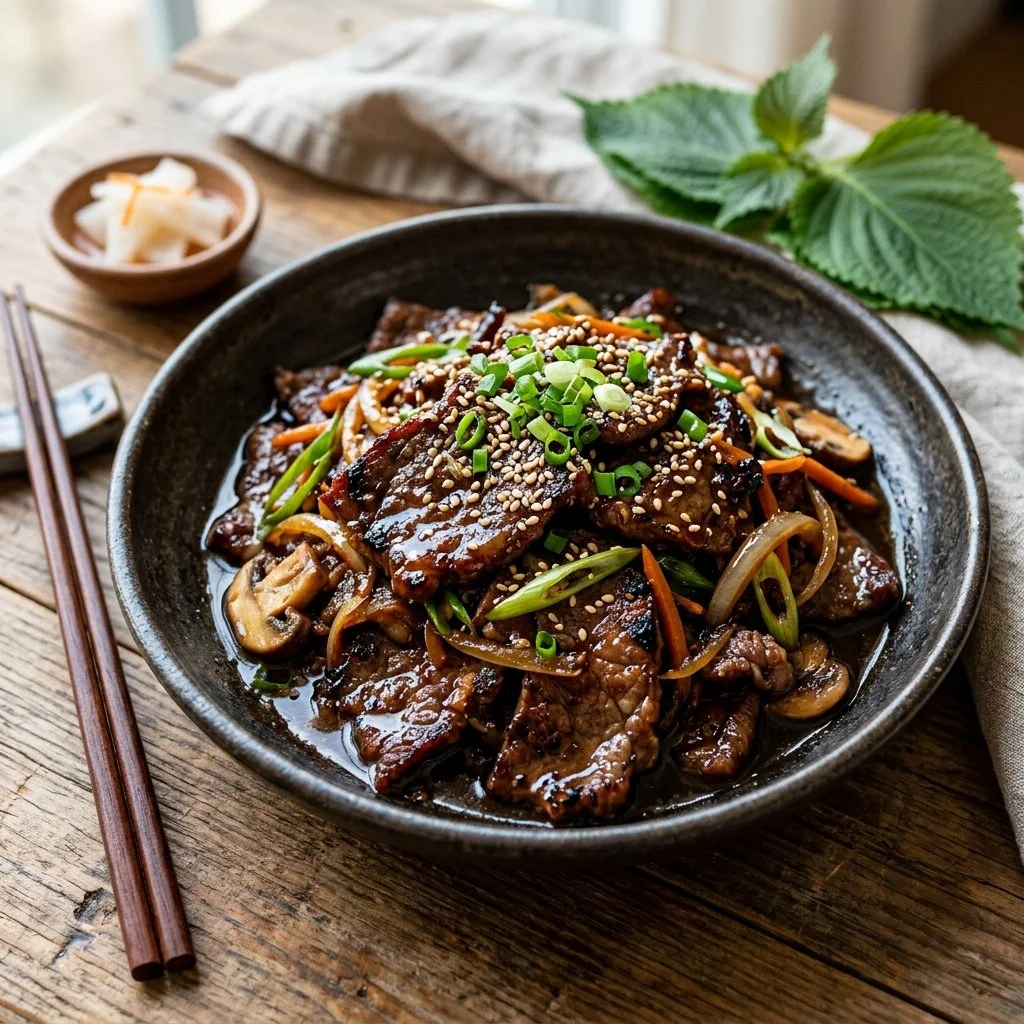 Delicious Korean beef bulgogi served with rice and vegetables