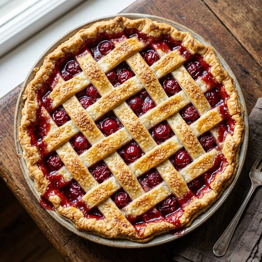 Lattice Cherry Pie with flakey crust and juicy cherry filling