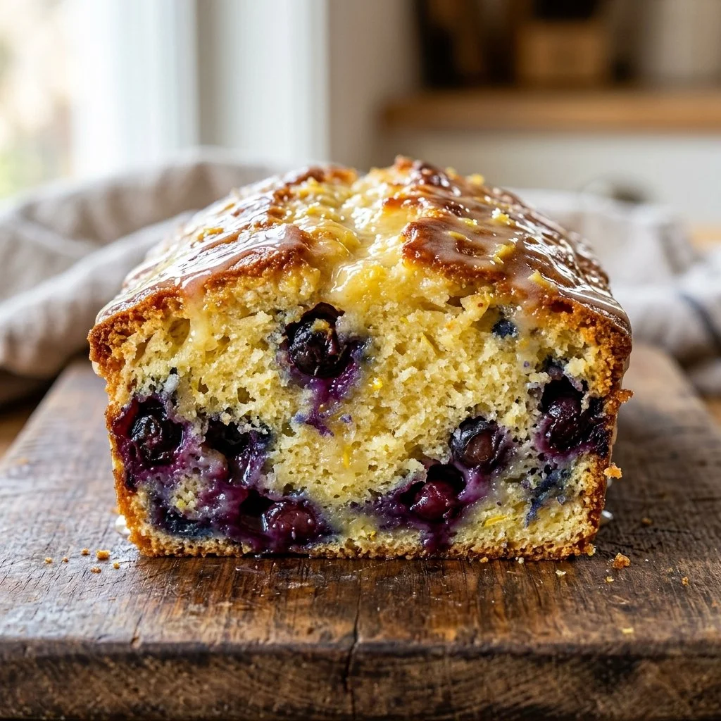 Homemade Lemon Blueberry Bread freshly baked with lemon zest and blueberries