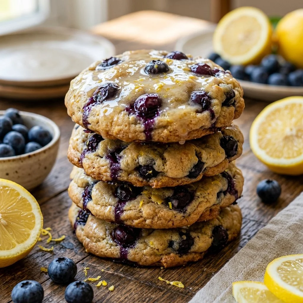 Freshly baked Lemon Blueberry Cookies with lemon zest and blueberries