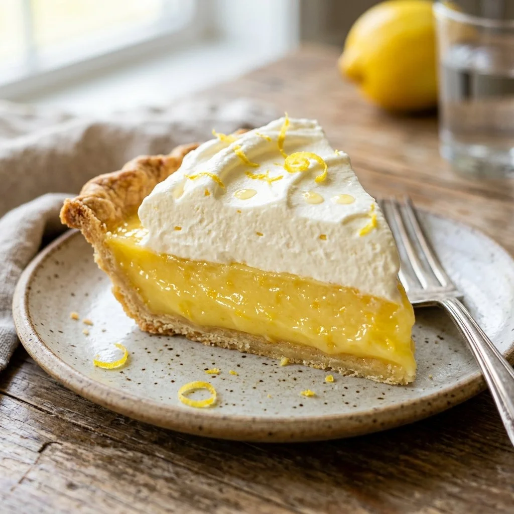 Delicious homemade Lemon Cream Pie with a smooth filling and golden crust.