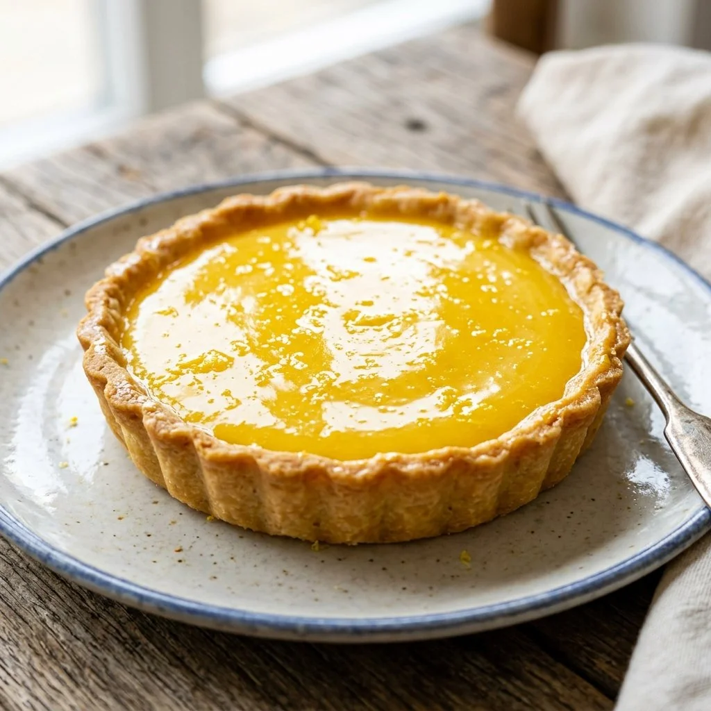 Delicious lemon curd tart topped with fresh fruit on a dessert plate