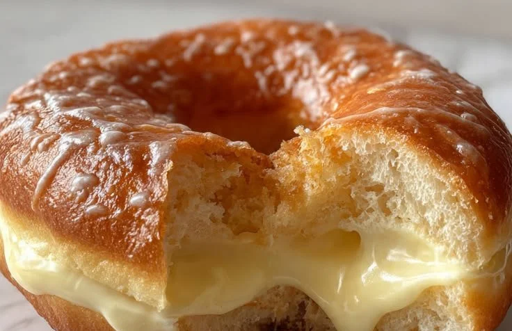 Freshly baked Lemon Custard Donuts with a creamy filling and lemon glaze