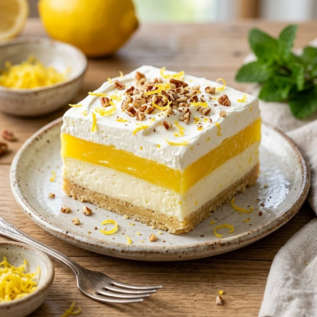 Delicious Lemon Lush dessert with creamy layers and lemon zest garnishes.