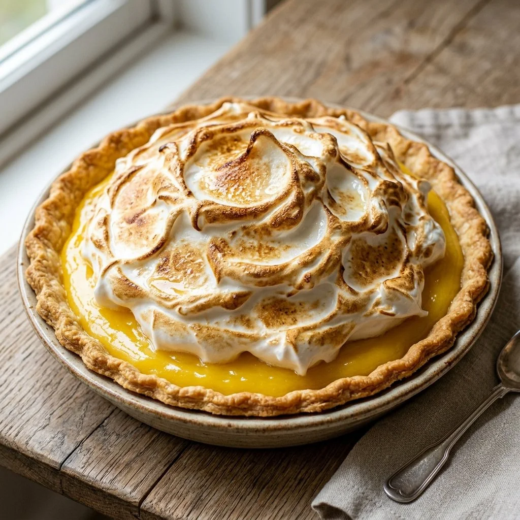 Delicious slice of Lemon Meringue Pie with fluffy meringue topping
