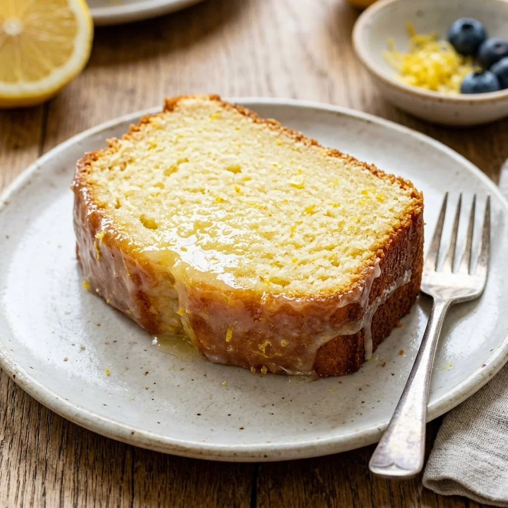 Slice of homemade lemon pound cake with lemon zest and a glaze on top