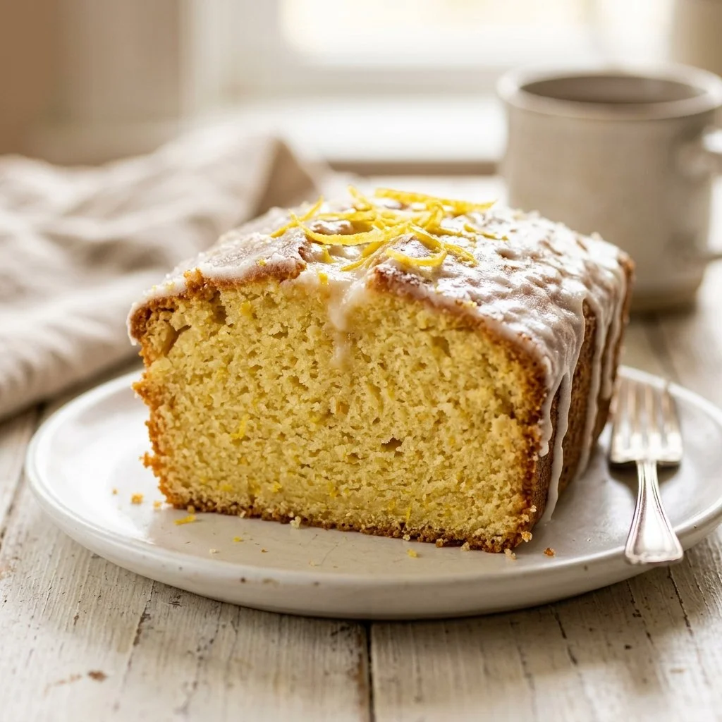 Homemade lemon pound cake with lemon glaze on a serving platter