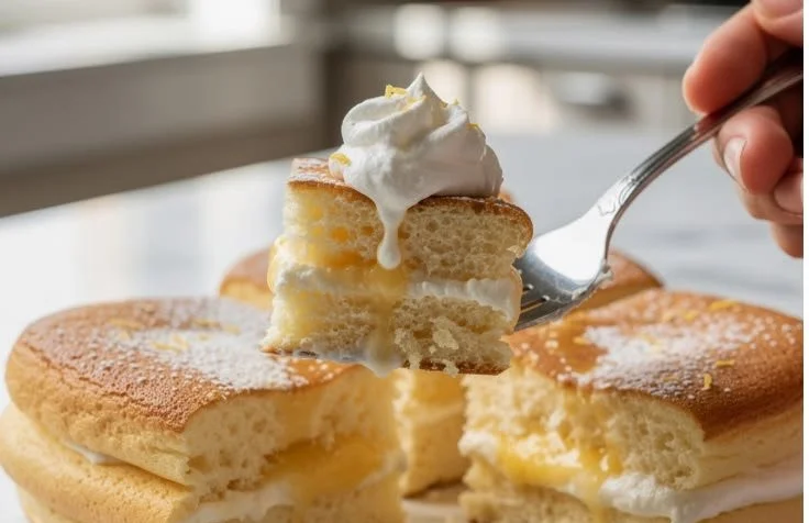 Fluffy Lemon Souffle Pancakes topped with fresh lemon zest and syrup