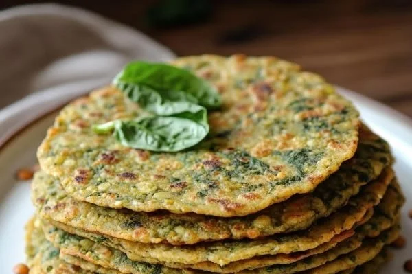 Homemade Lentil Spinach Flatbread served on a wooden table