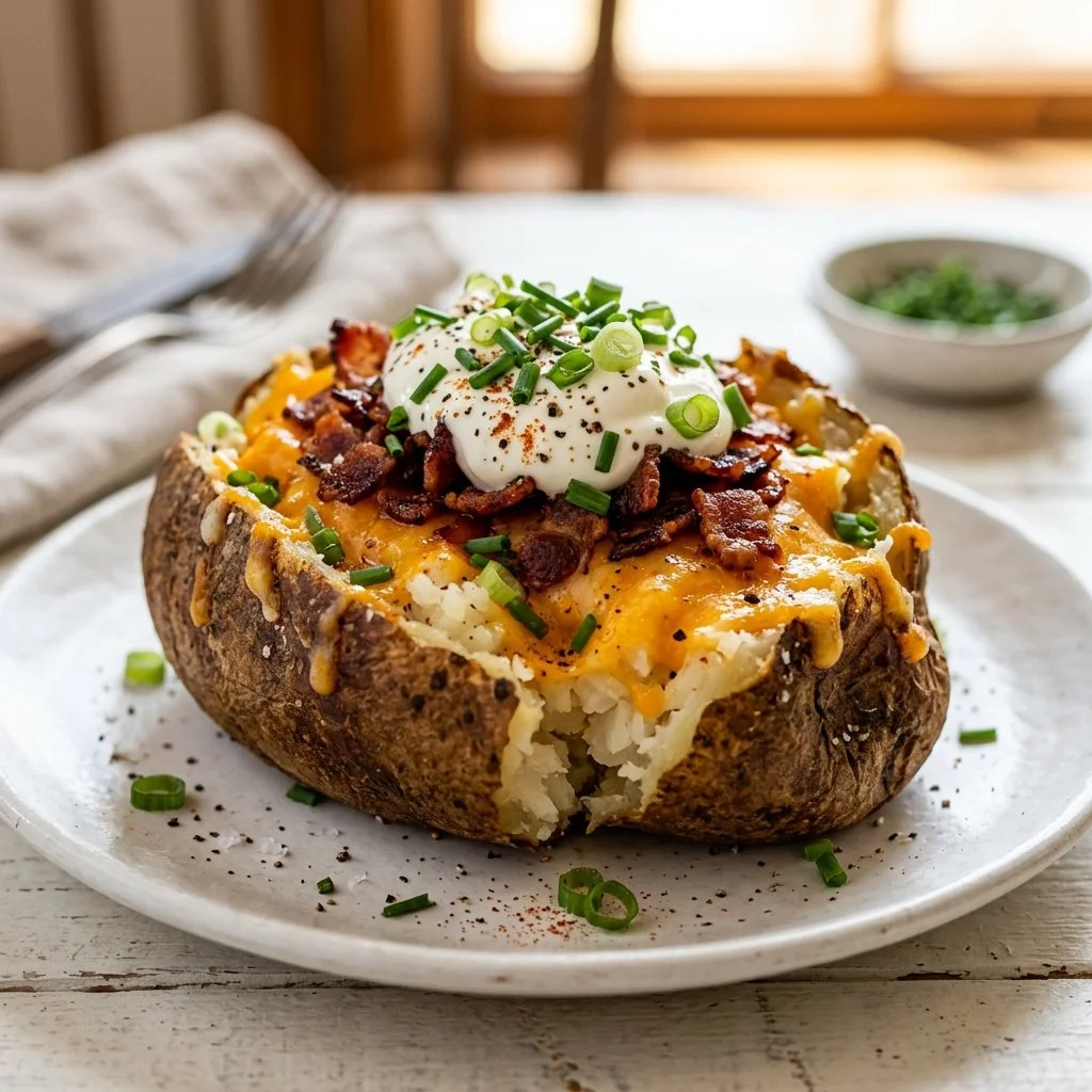 Loaded baked potatoes topped with cheese, sour cream, and green onions.