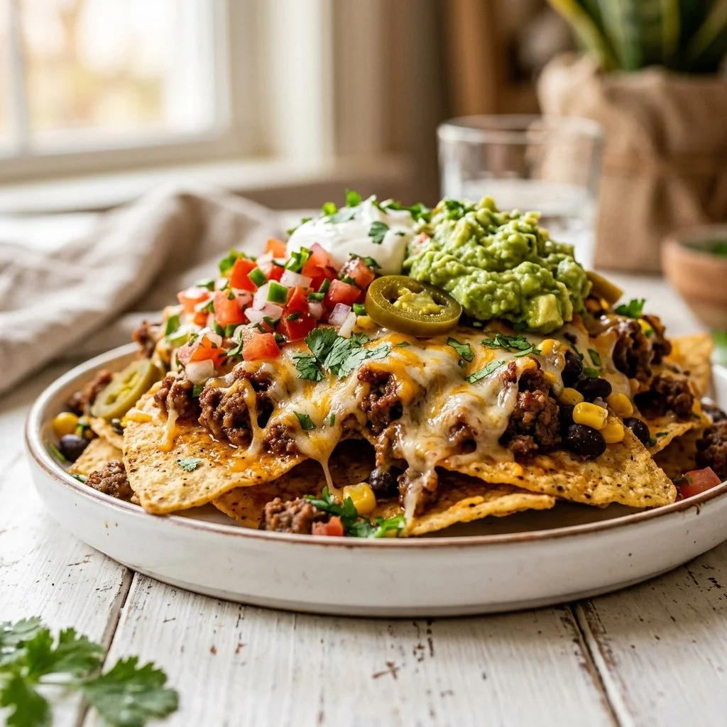Plate of loaded nachos topped with cheese, jalapeños, and guacamole