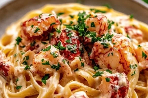 Delicious Lobster Linguine with Champagne Cream Sauce served in a bowl