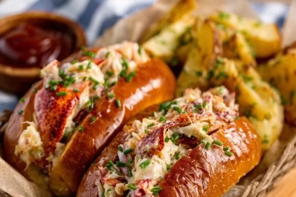 Delicious East Coast-style lobster rolls with fresh lobster meat and creamy dressing