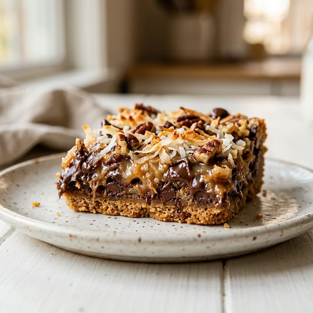 Delicious homemade Magic Cookie Bars with chocolate and coconut layers.