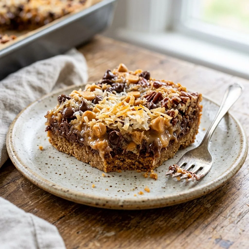 Delicious homemade Magic Cookie Bars topped with chocolate and coconut