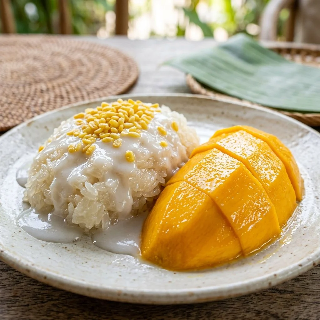 Delicious Mango Sticky Rice served with fresh mango slices and coconut cream