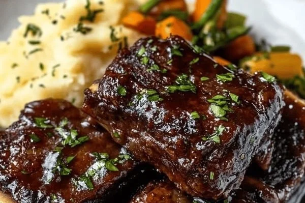 Maple-bourbon glazed short ribs served on a plate with garnish