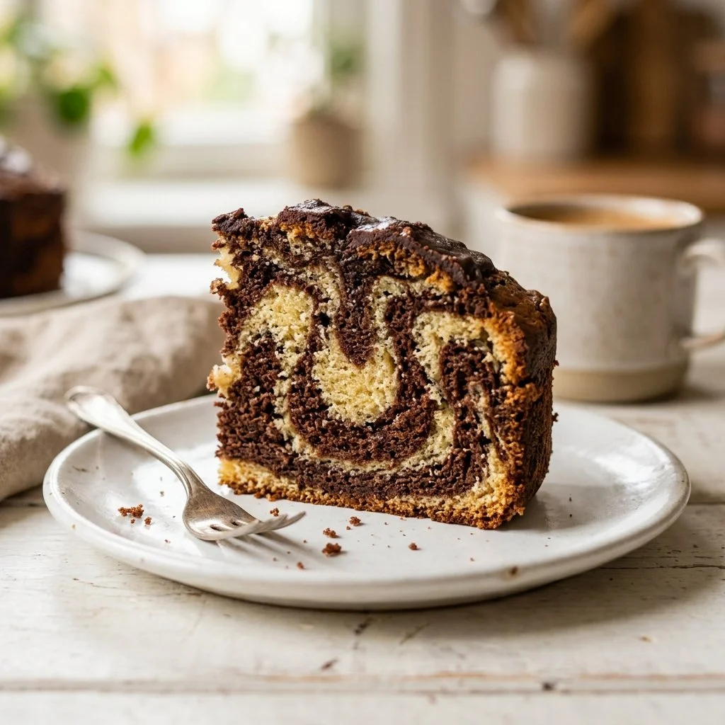 Deliciously swirled Marble Cake with chocolate and vanilla layers
