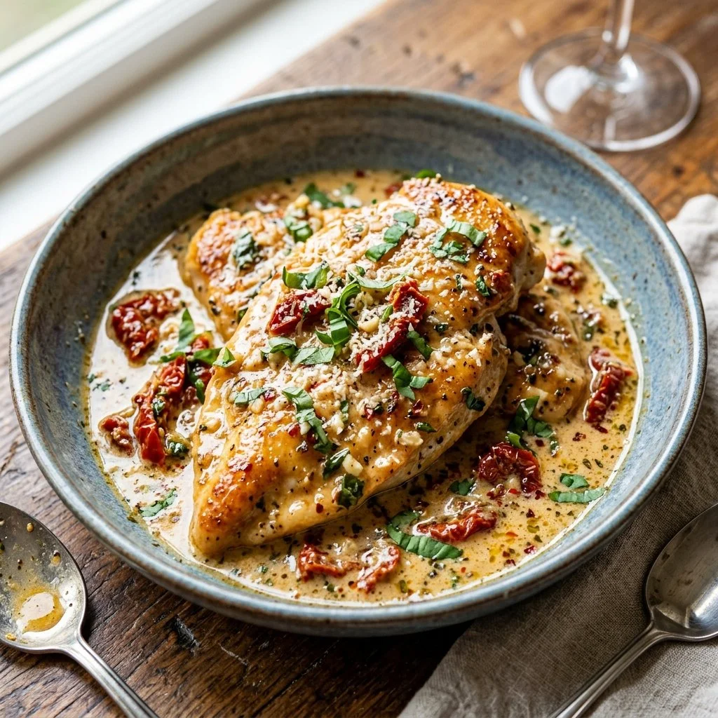 Delicious Marry Me Chicken served with creamy sauce and herbs on a plate.