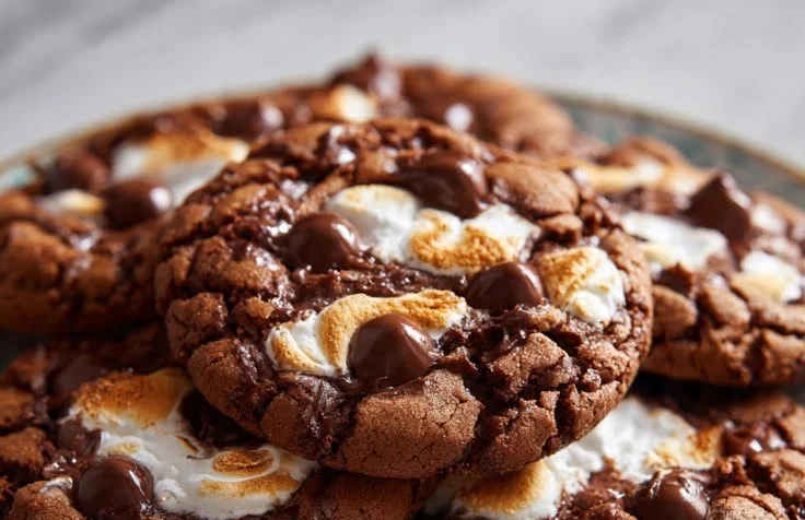 Marshmallow swirl chocolate cookies on a plate, freshly baked and soft.