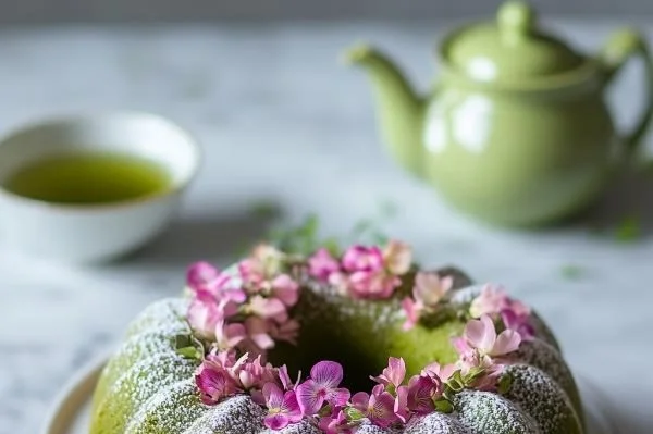 A slice of Matcha Pound Cake on a plate, showcasing its green color and texture.