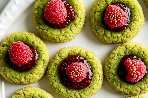 Matcha thumbprint cookies filled with raspberry-chia jam on a plate.