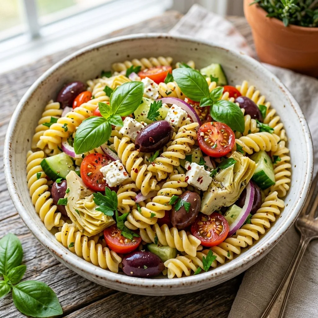 Colorful Mediterranean Pasta Salad with fresh vegetables and herbs